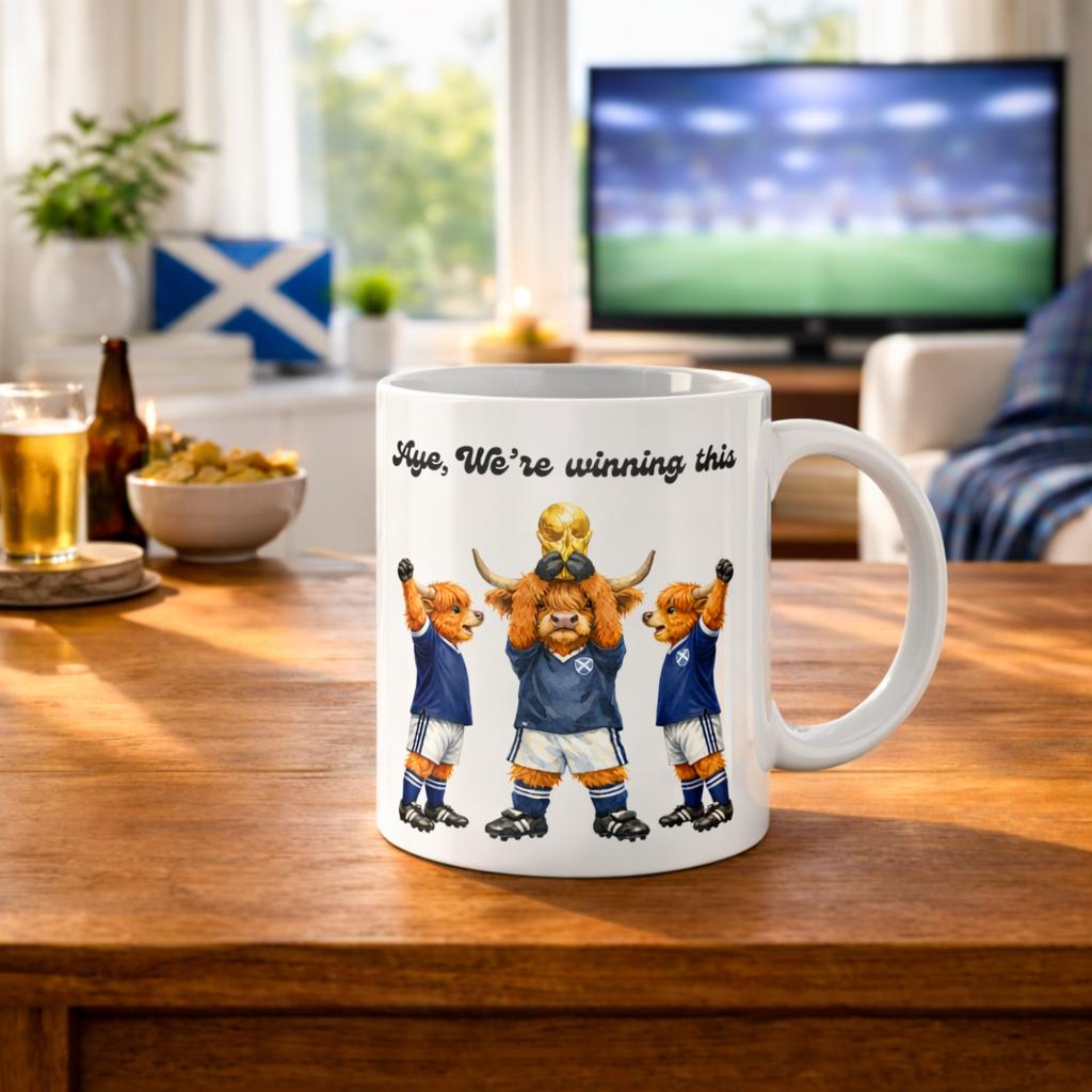Scottish Highland Cow Football Mug – “Aye We’re Winning This” – Scotland Fan Gift