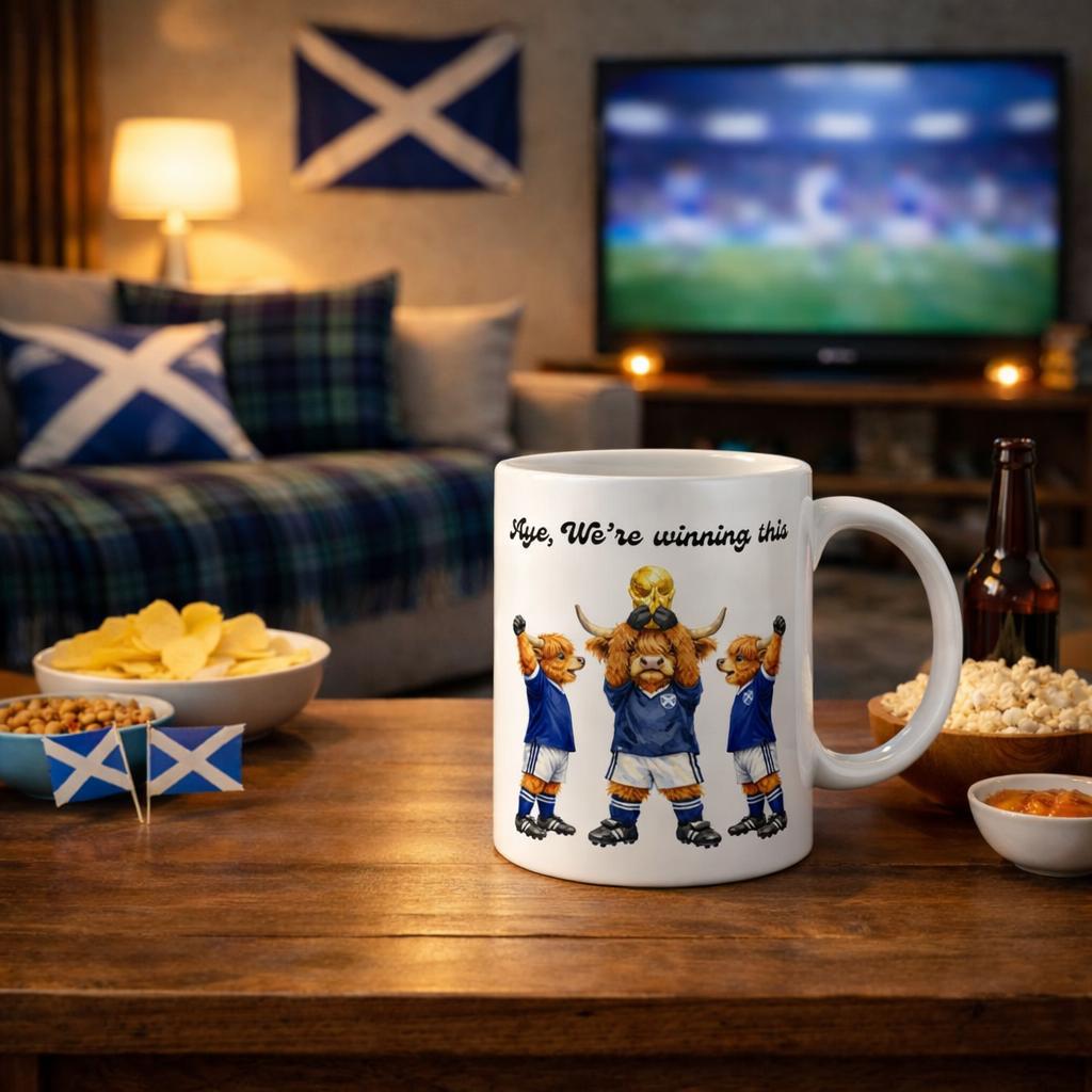 Scottish Highland Cow Football Mug – “Aye We’re Winning This” – Scotland Fan Gift