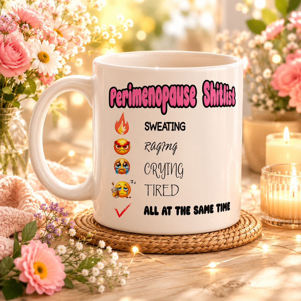 Funny Perimenopause Mug – “Perimenopause s***list” - Humorous Quote Coffee Cup – Menopause Gift for Women