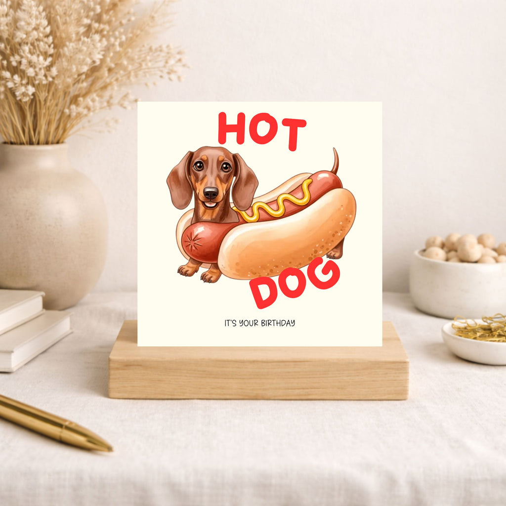 Funny Hot Dog Birthday Card – Sausage Dog Birthday Card – Dachshund Birthday Card – Cute Pun Birthday Card – Hot Dog Card
