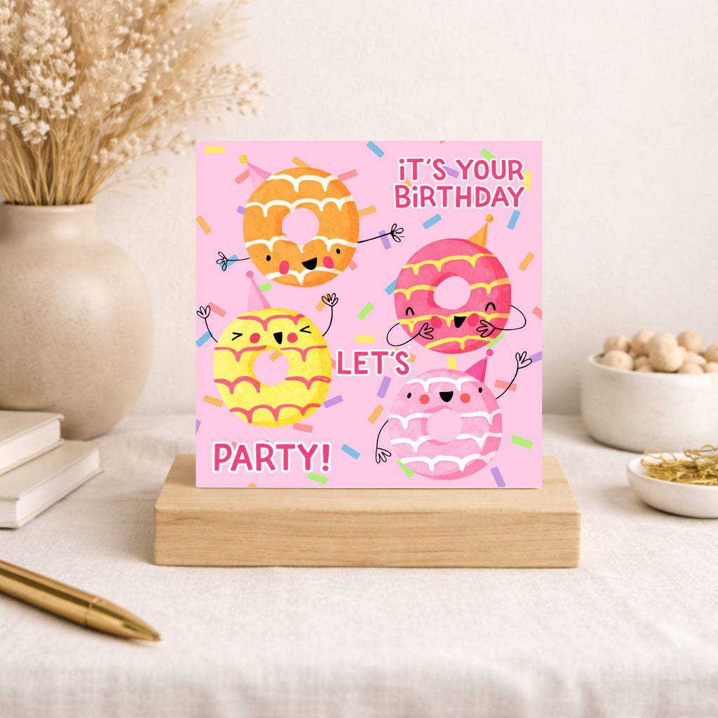 Cute Donut Birthday Card – Let’s Party Birthday Card – Fun Kids Birthday Card – Pink Doughnut Card – Sweet Birthday Card