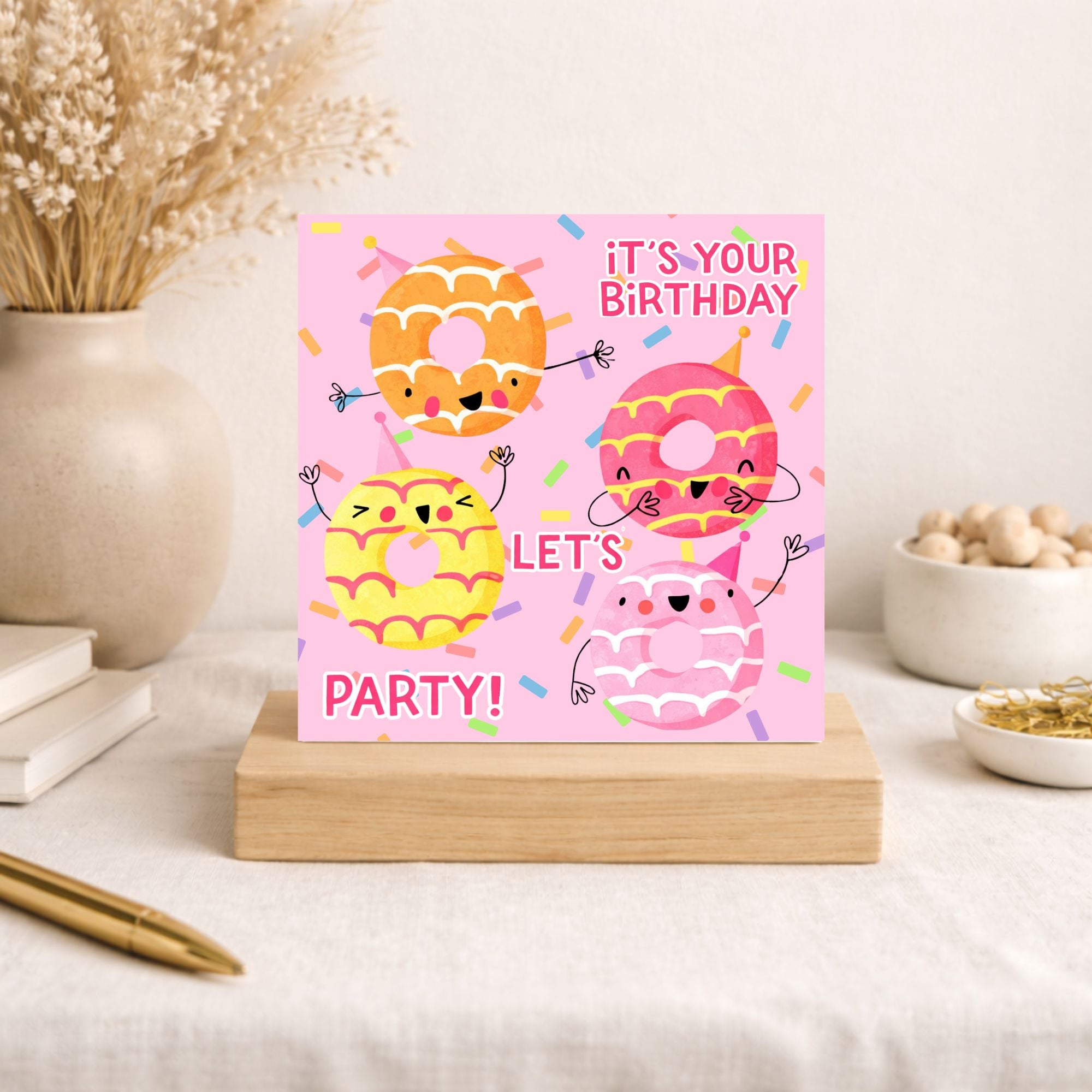 Cute Donut Birthday Card – Let’s Party Birthday Card – Fun Kids Birthday Card – Pink Doughnut Card – Sweet Birthday Card