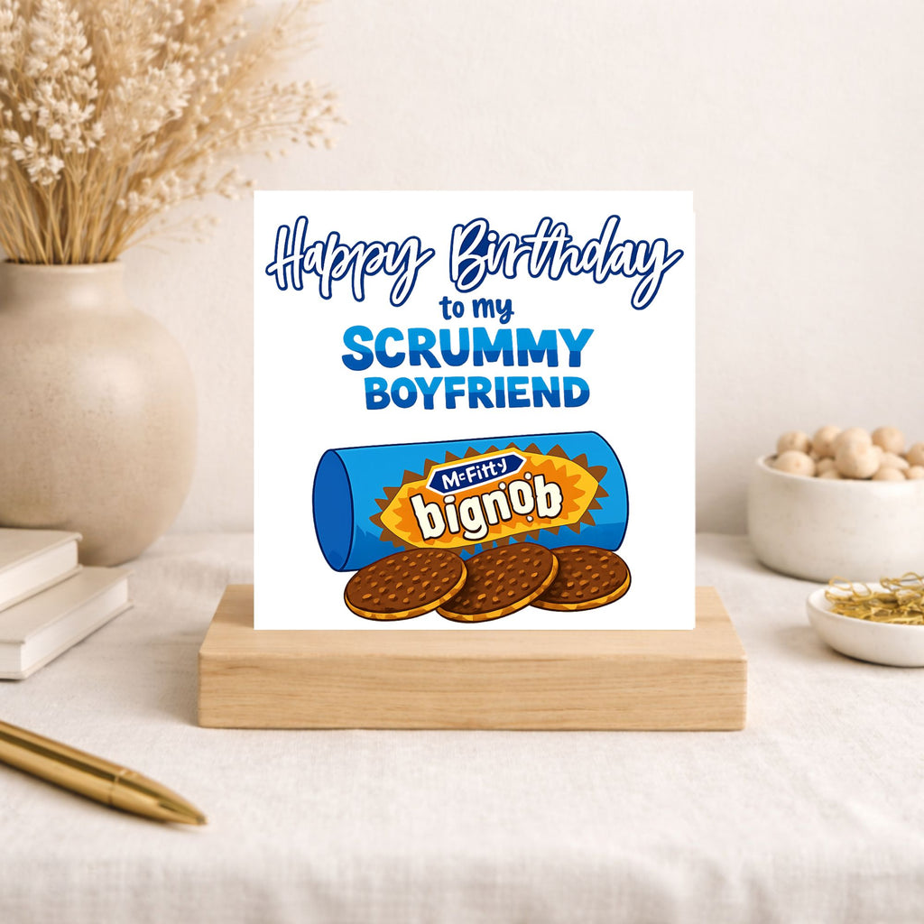 Funny Boyfriend Birthday Card – “Scrummy Boyfriend” Biscuit Pun Card – Cute Foodie Birthday Card for Him