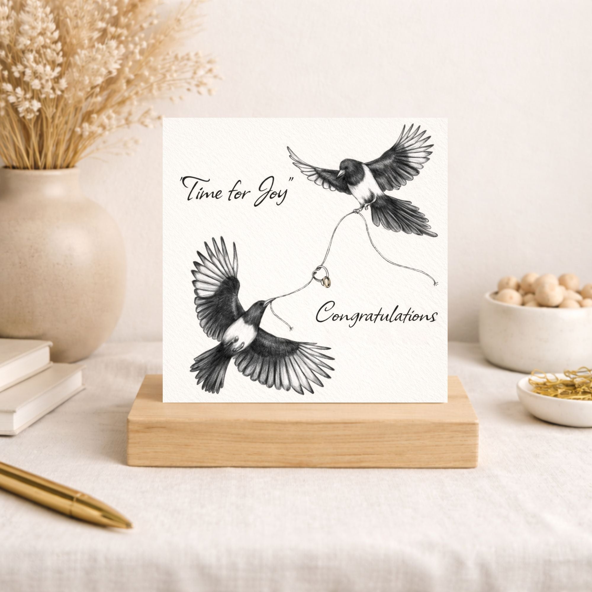 Time for Joy Congratulations Card – Wedding Congratulations Card – Engagement Card – Magpie Ring Card – Wedding Day Card – Luxury Square Greeting Card
