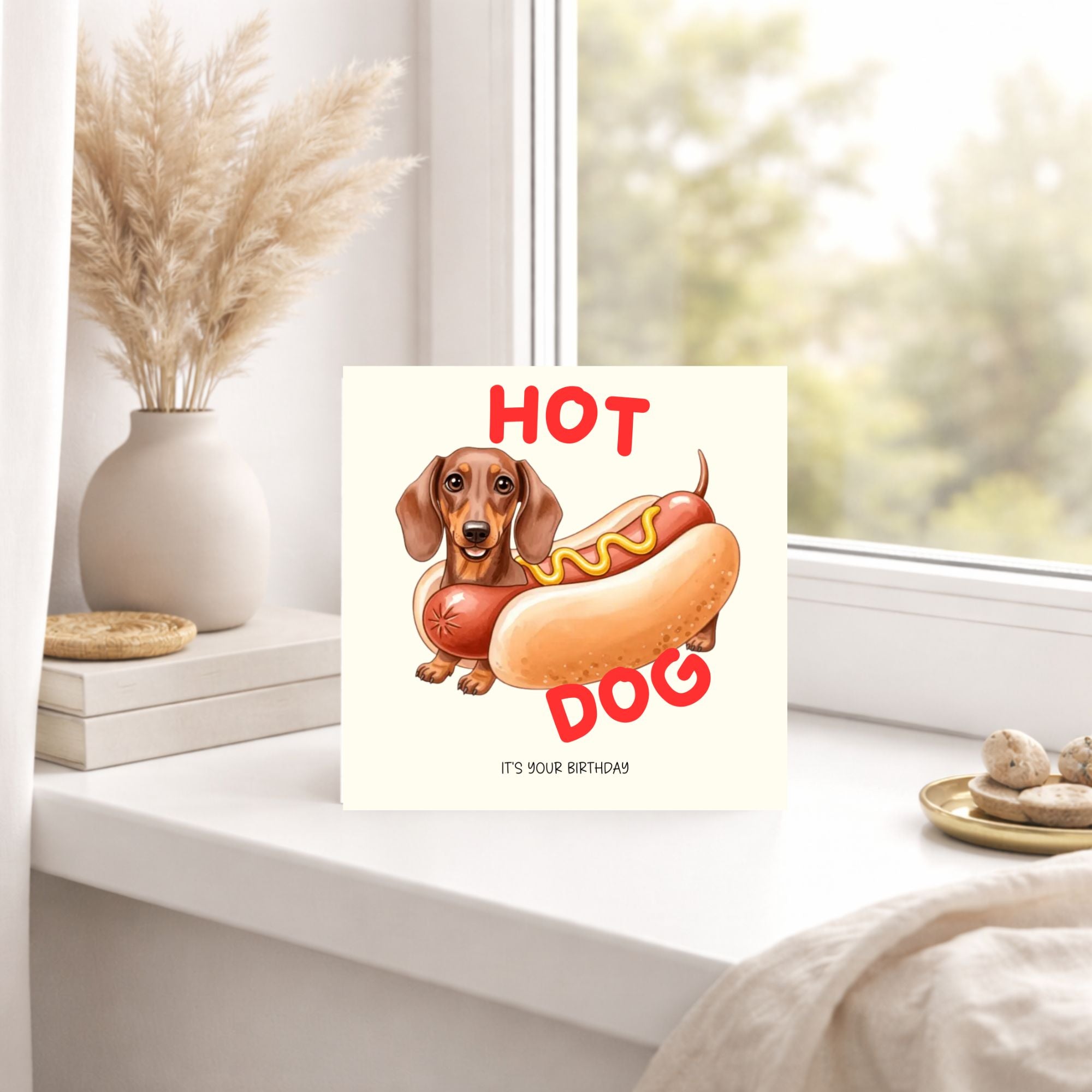 Funny Hot Dog Birthday Card – Sausage Dog Birthday Card – Dachshund Birthday Card – Cute Pun Birthday Card – Hot Dog Card