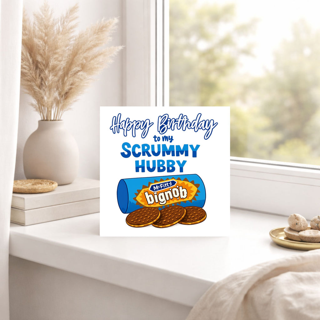 Funny Husband Birthday Card – “Scrummy Hubby” Biscuit Pun Card – Cute Foodie Birthday Card for Husband