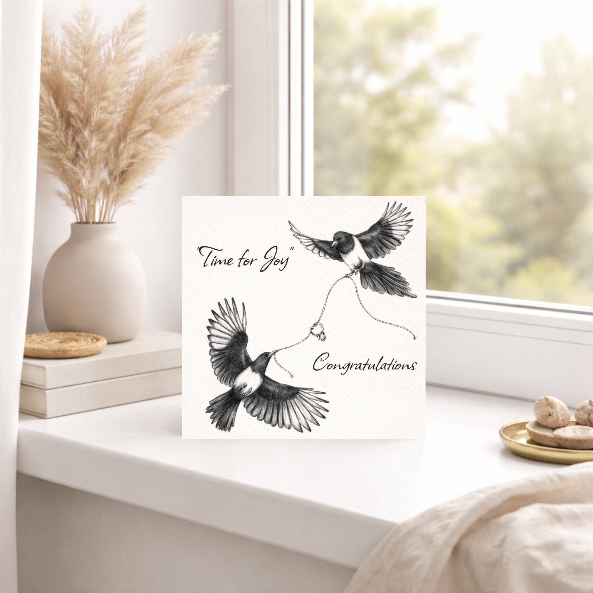 Time for Joy Congratulations Card – Wedding Congratulations Card – Engagement Card – Magpie Ring Card – Wedding Day Card – Luxury Square Greeting Card