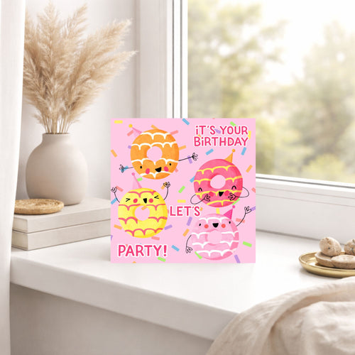 Cute Donut Birthday Card – Let’s Party Birthday Card – Fun Kids Birthday Card – Pink Doughnut Card – Sweet Birthday Card