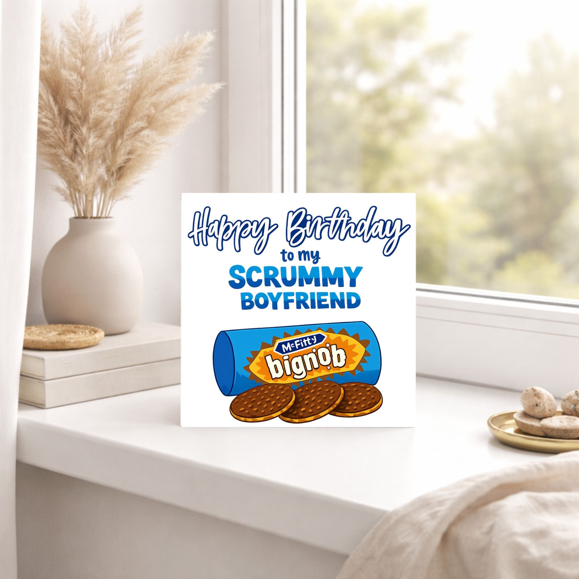 Funny Boyfriend Birthday Card – “Scrummy Boyfriend” Biscuit Pun Card – Cute Foodie Birthday Card for Him
