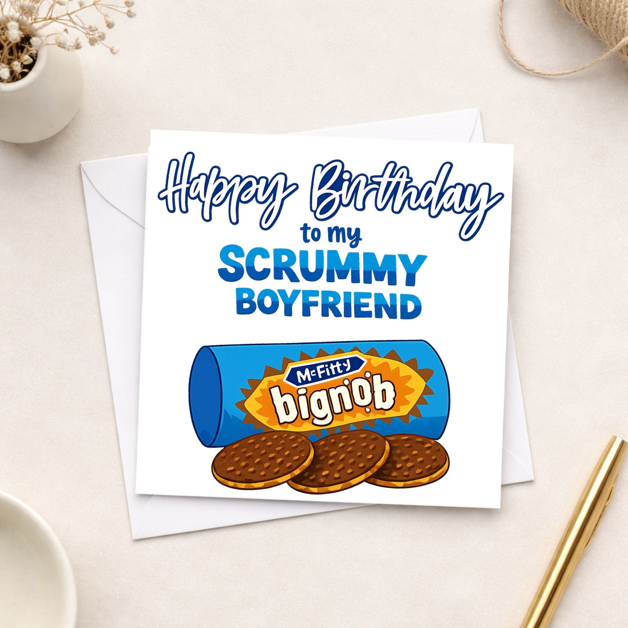 Funny Boyfriend Birthday Card – “Scrummy Boyfriend” Biscuit Pun Card – Cute Foodie Birthday Card for Him