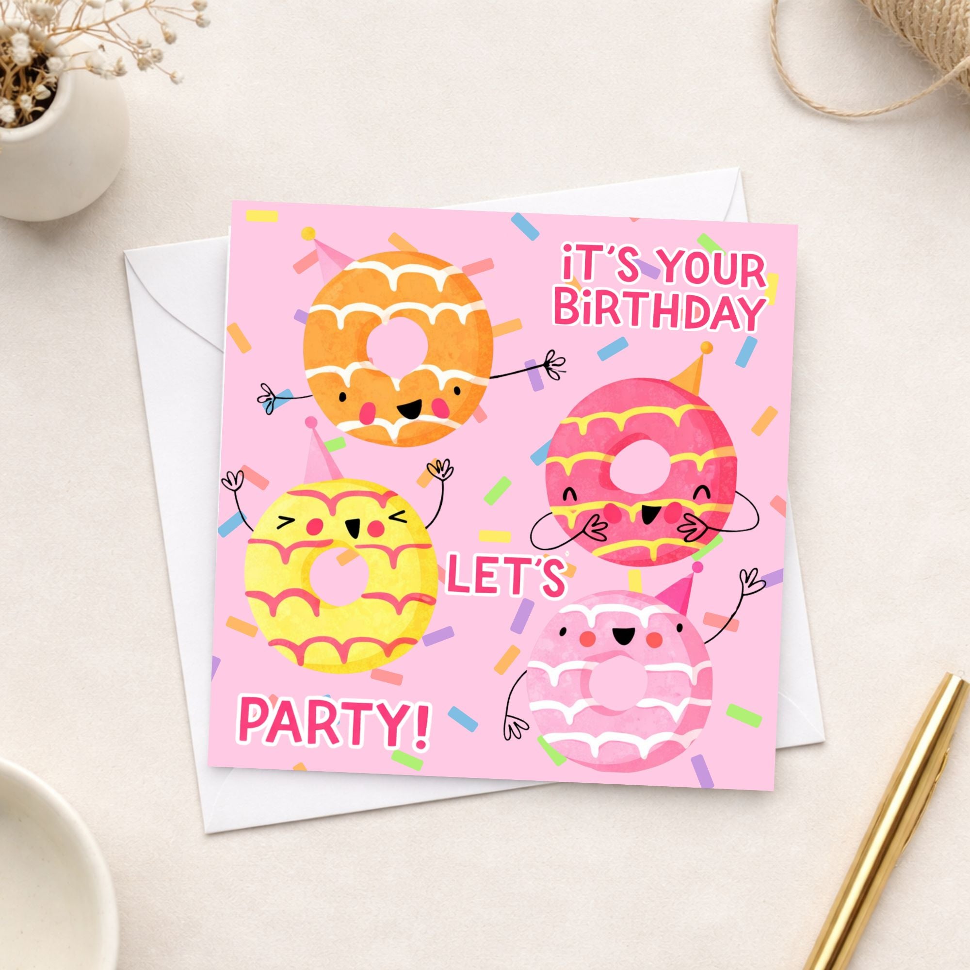 Cute Donut Birthday Card – Let’s Party Birthday Card – Fun Kids Birthday Card – Pink Doughnut Card – Sweet Birthday Card
