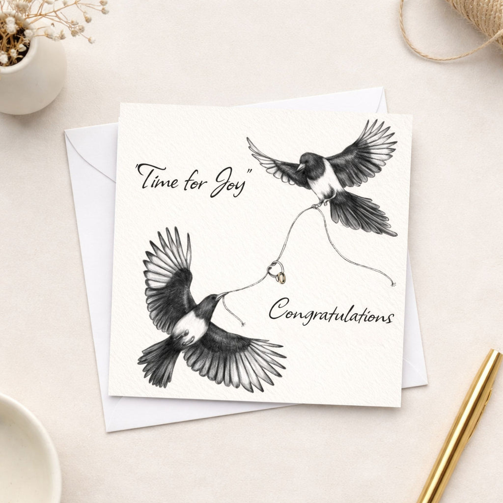 Time for Joy Congratulations Card – Wedding Congratulations Card – Engagement Card – Magpie Ring Card – Wedding Day Card – Luxury Square Greeting Card