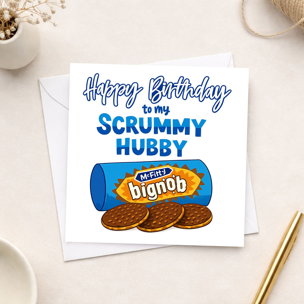Funny Husband Birthday Card – “Scrummy Hubby” Biscuit Pun Card – Cute Foodie Birthday Card for Husband