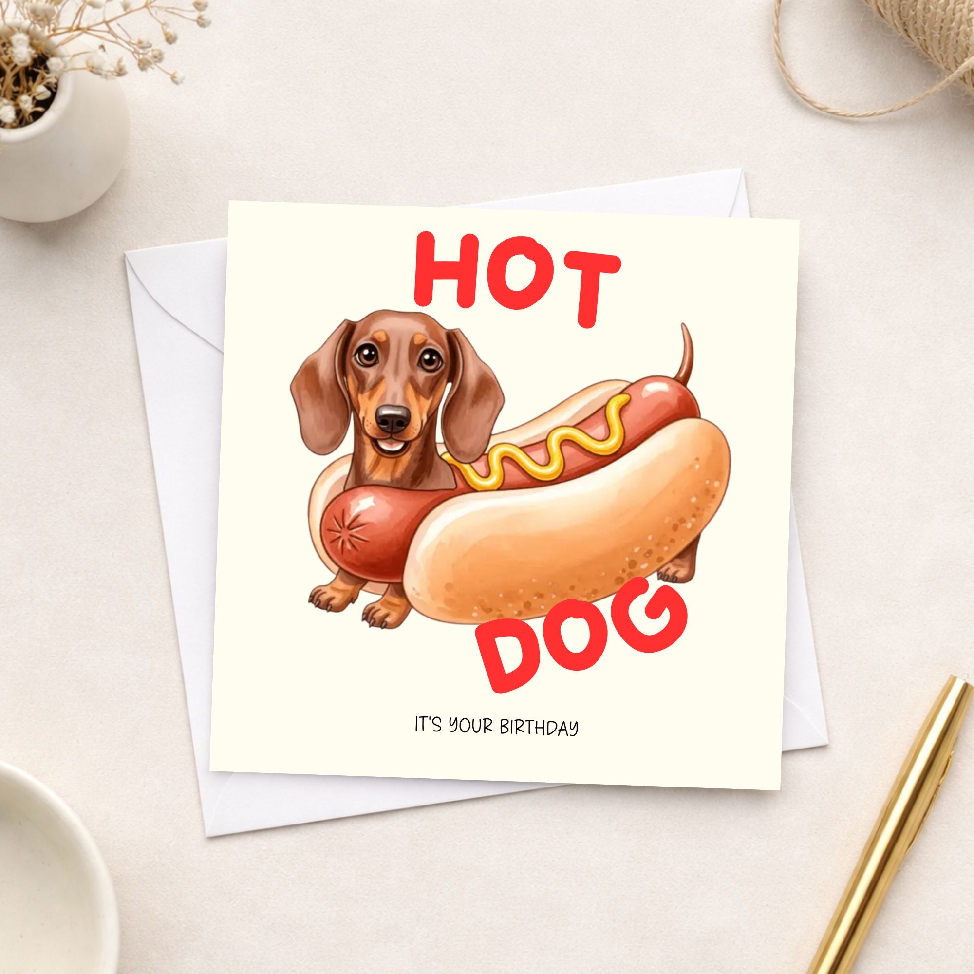Funny Hot Dog Birthday Card – Sausage Dog Birthday Card – Dachshund Birthday Card – Cute Pun Birthday Card – Hot Dog Card