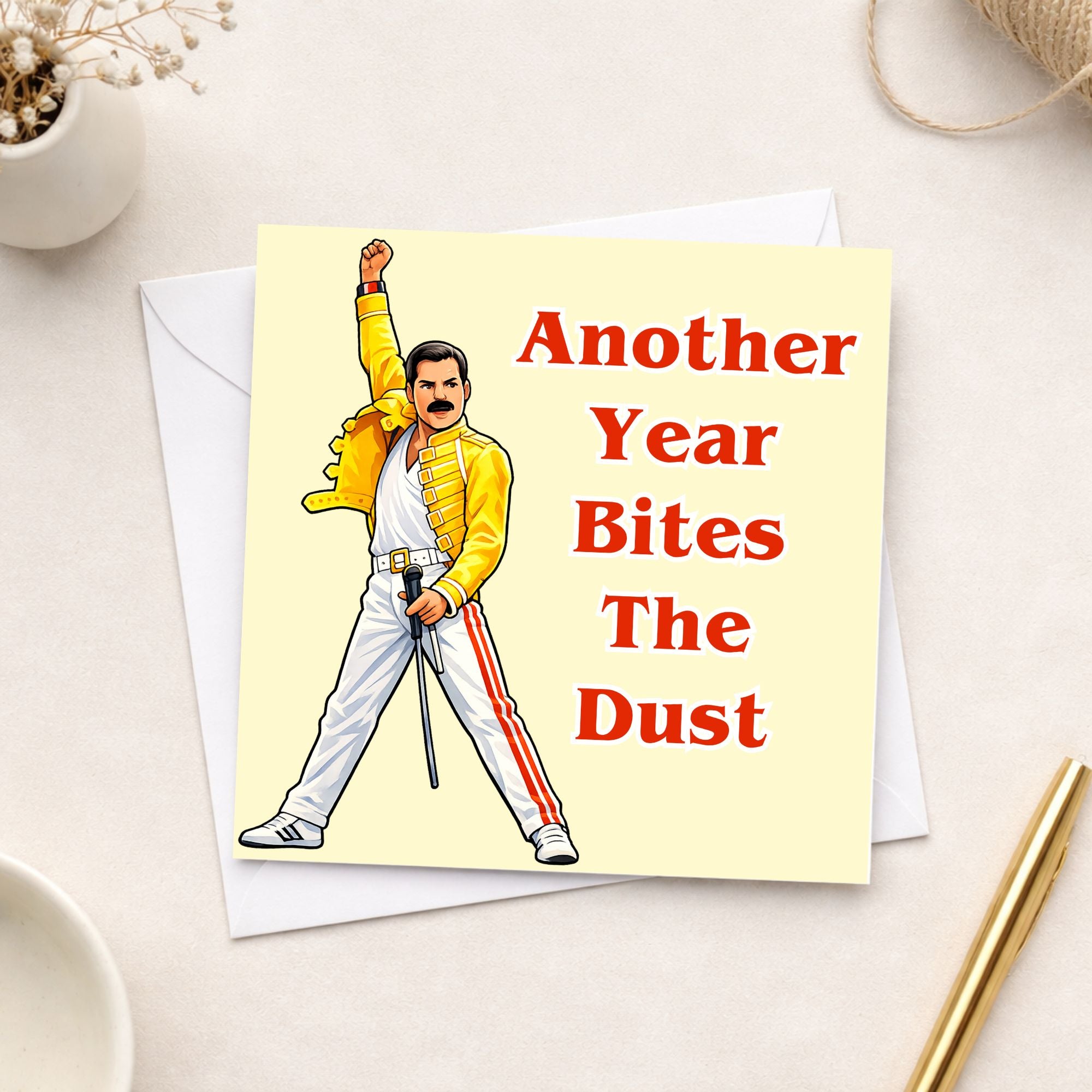 Funny Freddie Mercury Birthday Card – Another Year Bites The Dust Card – Queen Inspired Birthday Card – Music Lover Birthday Card – Funny Friend Card