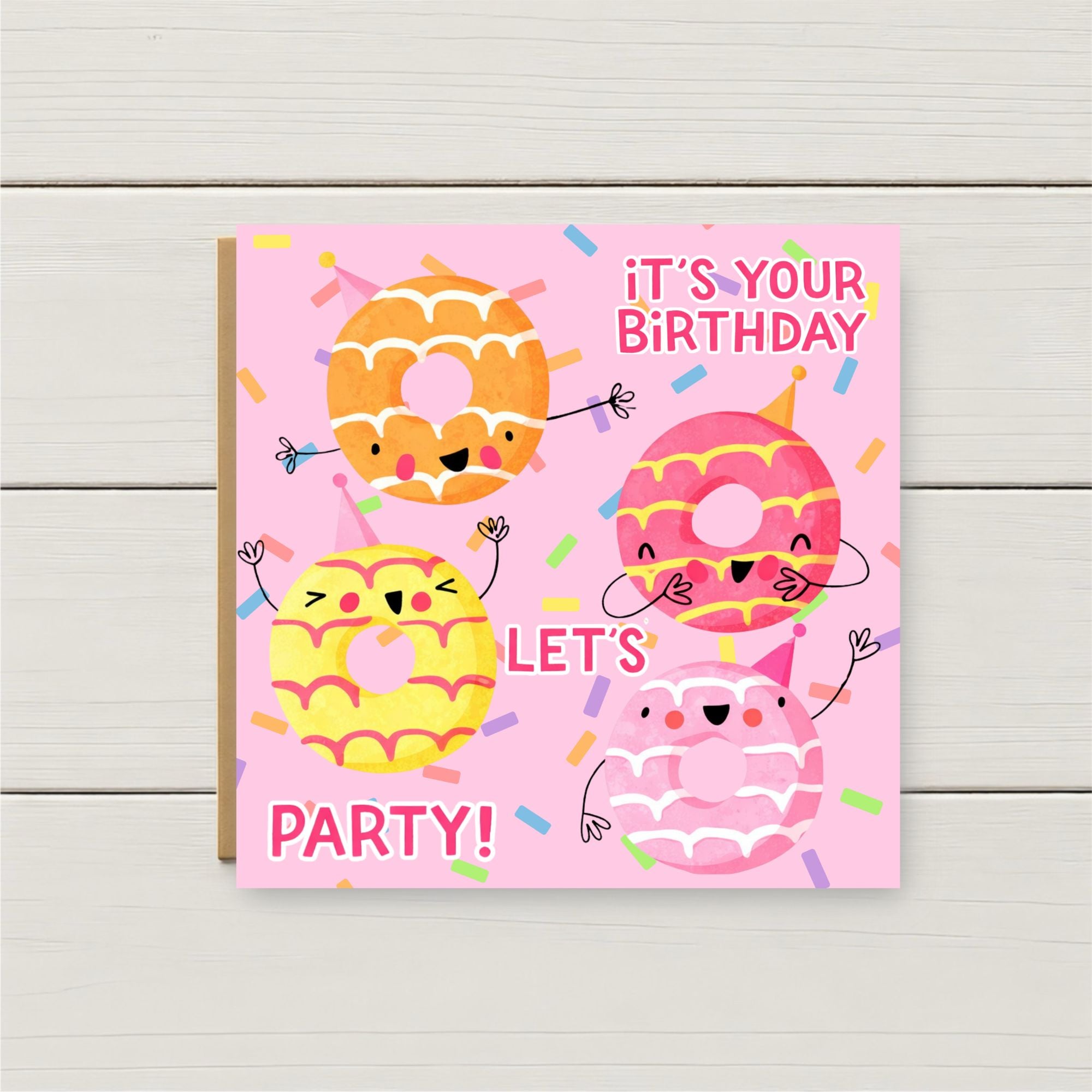 Cute Donut Birthday Card – Let’s Party Birthday Card – Fun Kids Birthday Card – Pink Doughnut Card – Sweet Birthday Card