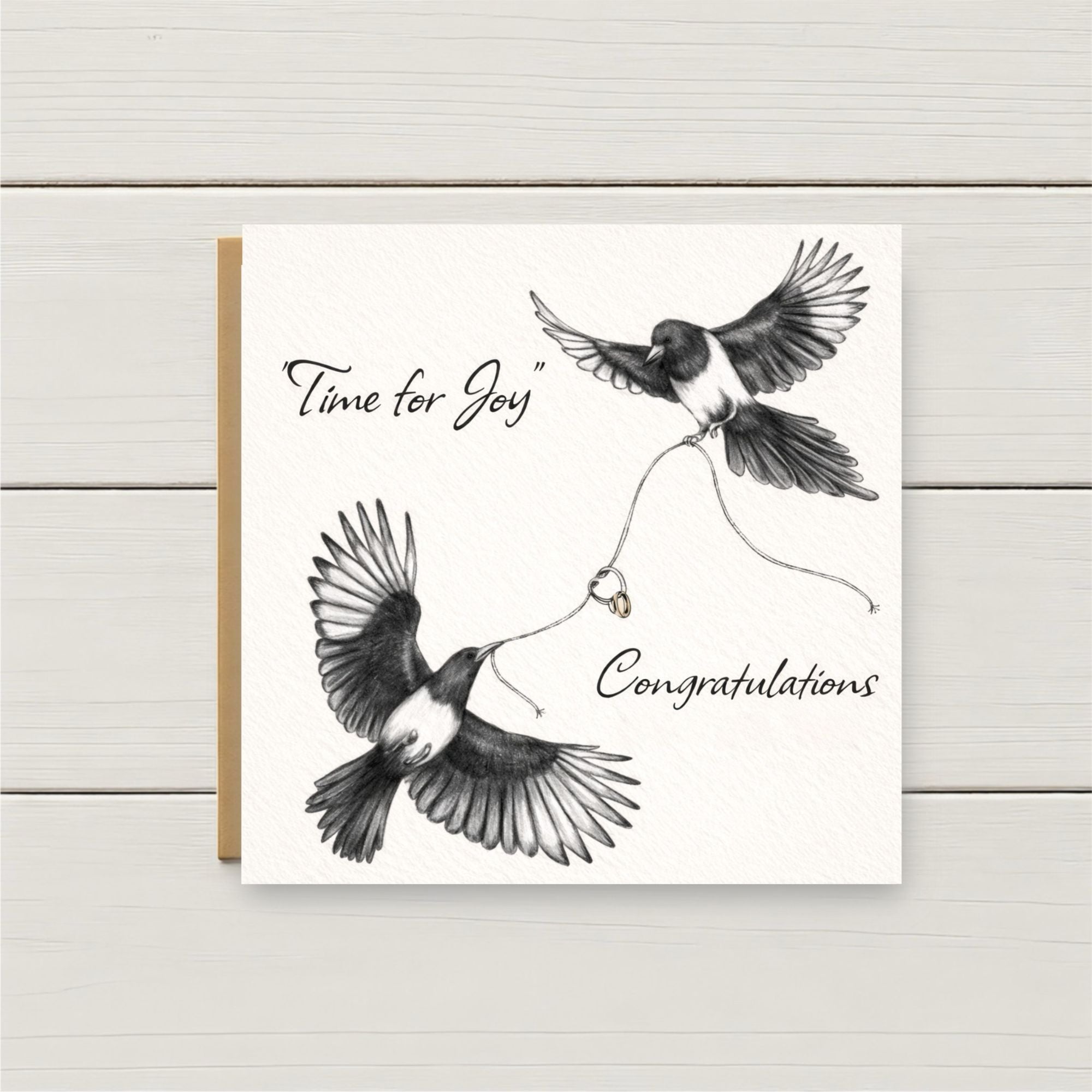Time for Joy Congratulations Card – Wedding Congratulations Card – Engagement Card – Magpie Ring Card – Wedding Day Card – Luxury Square Greeting Card