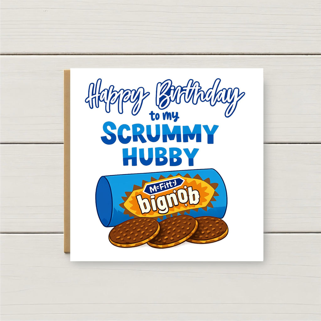 Funny Husband Birthday Card – “Scrummy Hubby” Biscuit Pun Card – Cute Foodie Birthday Card for Husband