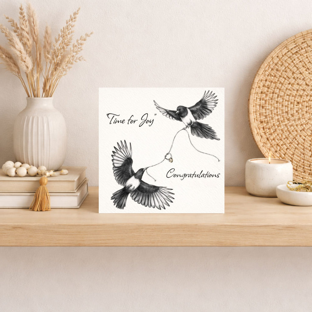 Time for Joy Congratulations Card – Wedding Congratulations Card – Engagement Card – Magpie Ring Card – Wedding Day Card – Luxury Square Greeting Card