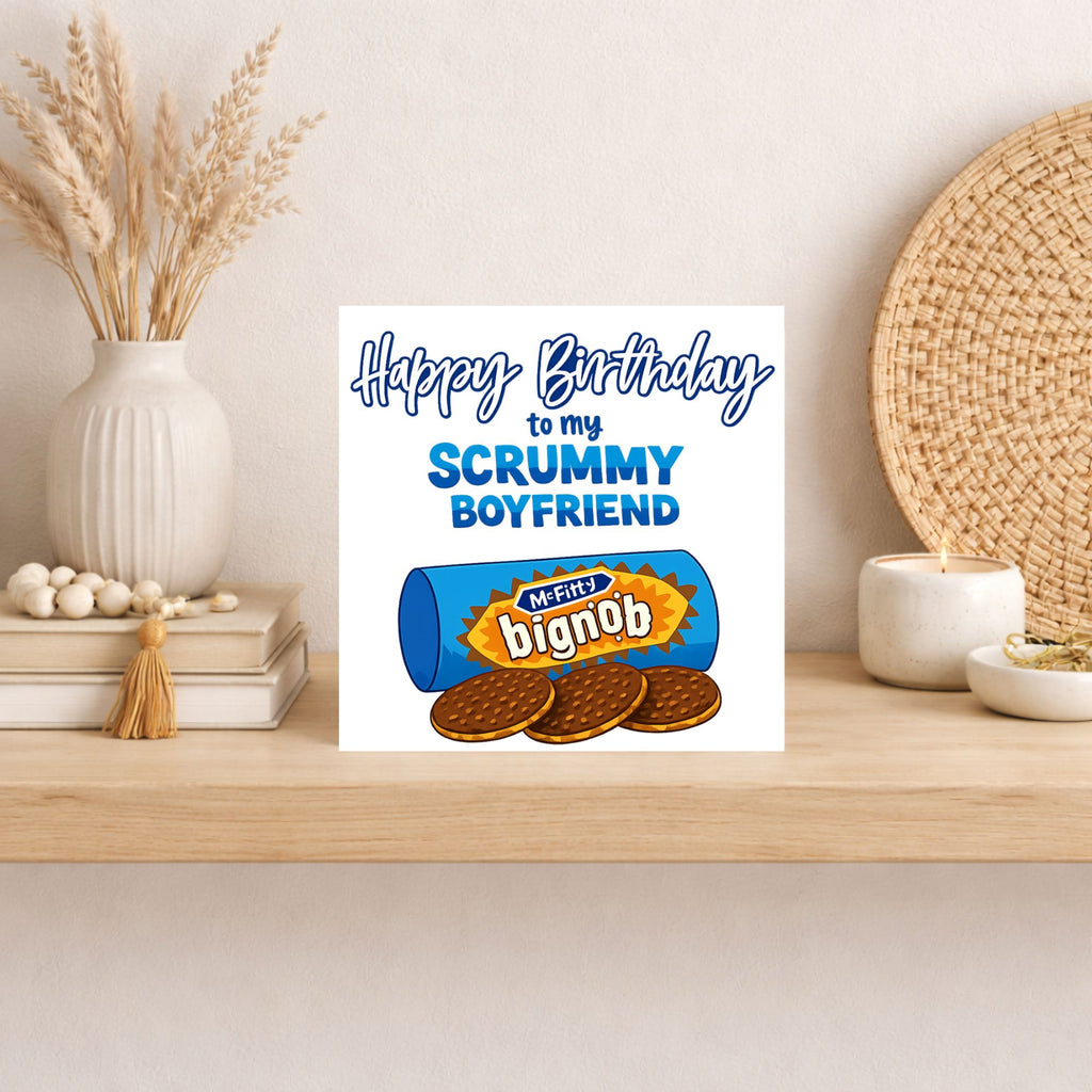 Funny Boyfriend Birthday Card – “Scrummy Boyfriend” Biscuit Pun Card – Cute Foodie Birthday Card for Him