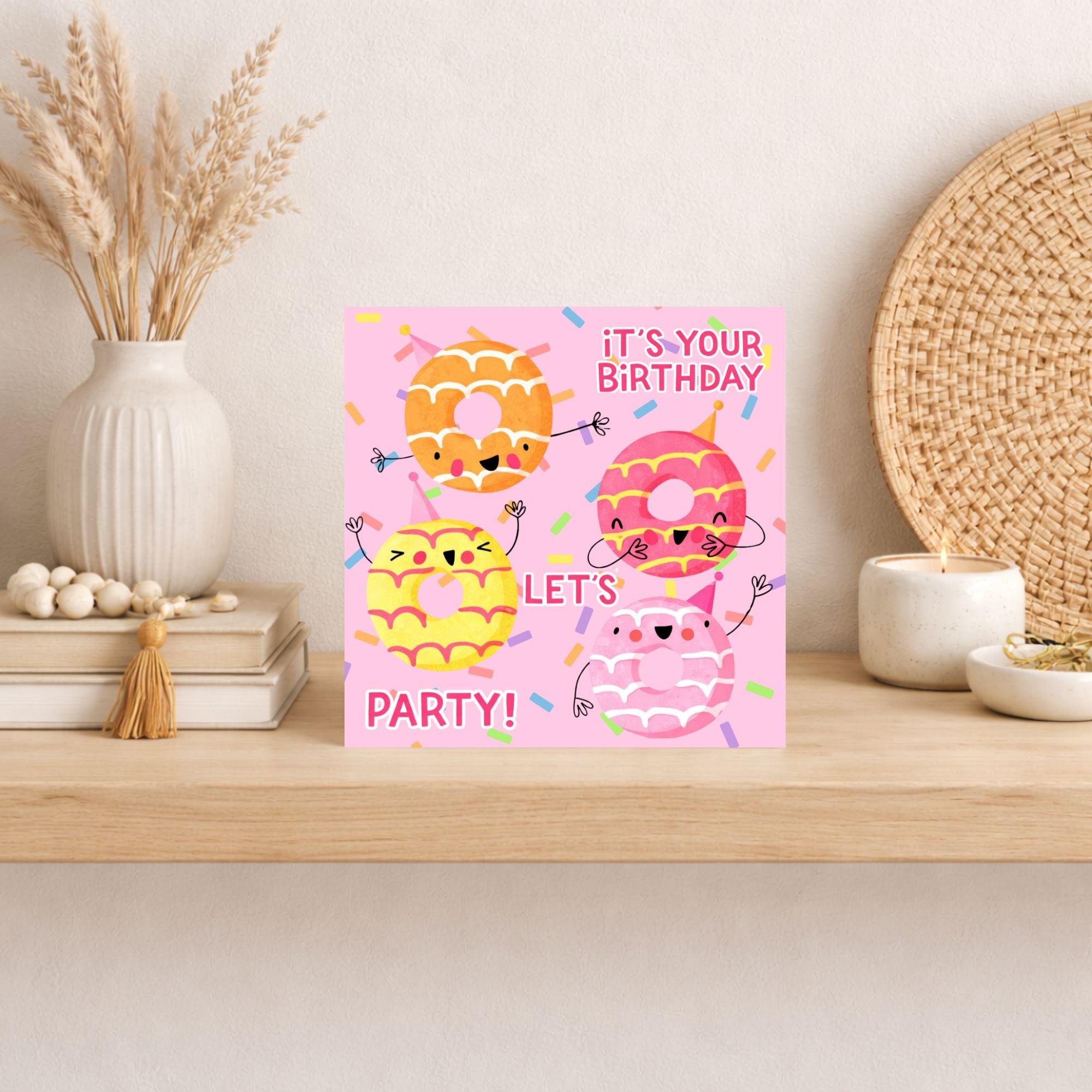 Cute Donut Birthday Card – Let’s Party Birthday Card – Fun Kids Birthday Card – Pink Doughnut Card – Sweet Birthday Card