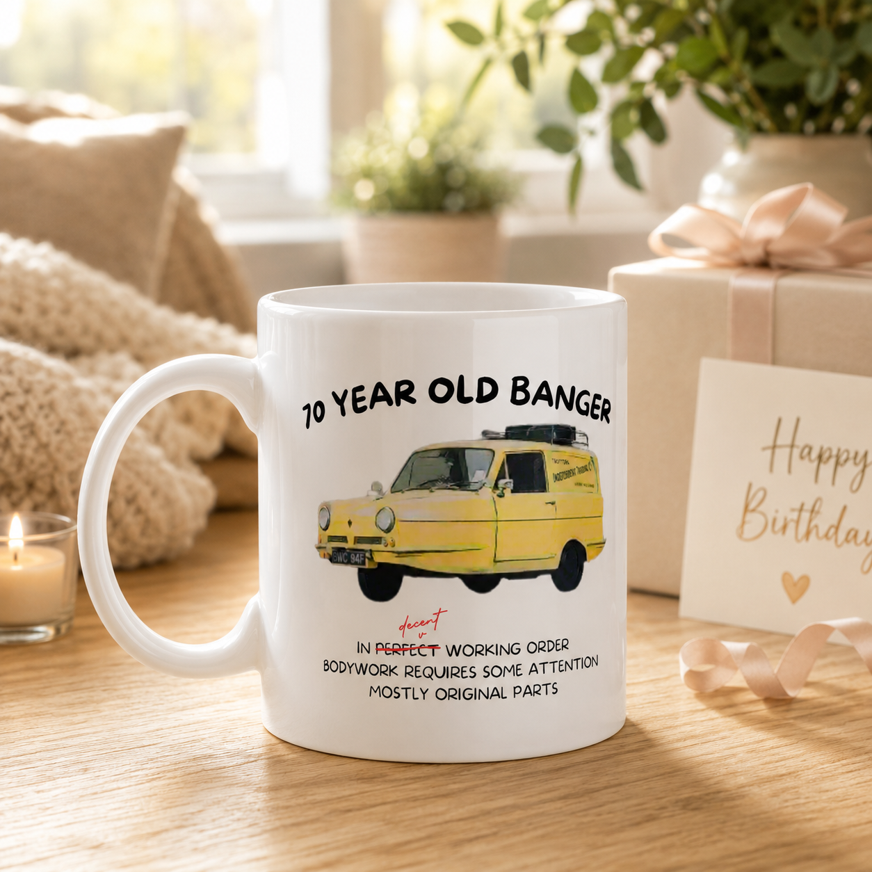 Funny 70th birthday gift mug with yellow banger car design, "70 year old banger, in decent working order" joke text, 11oz ceramic