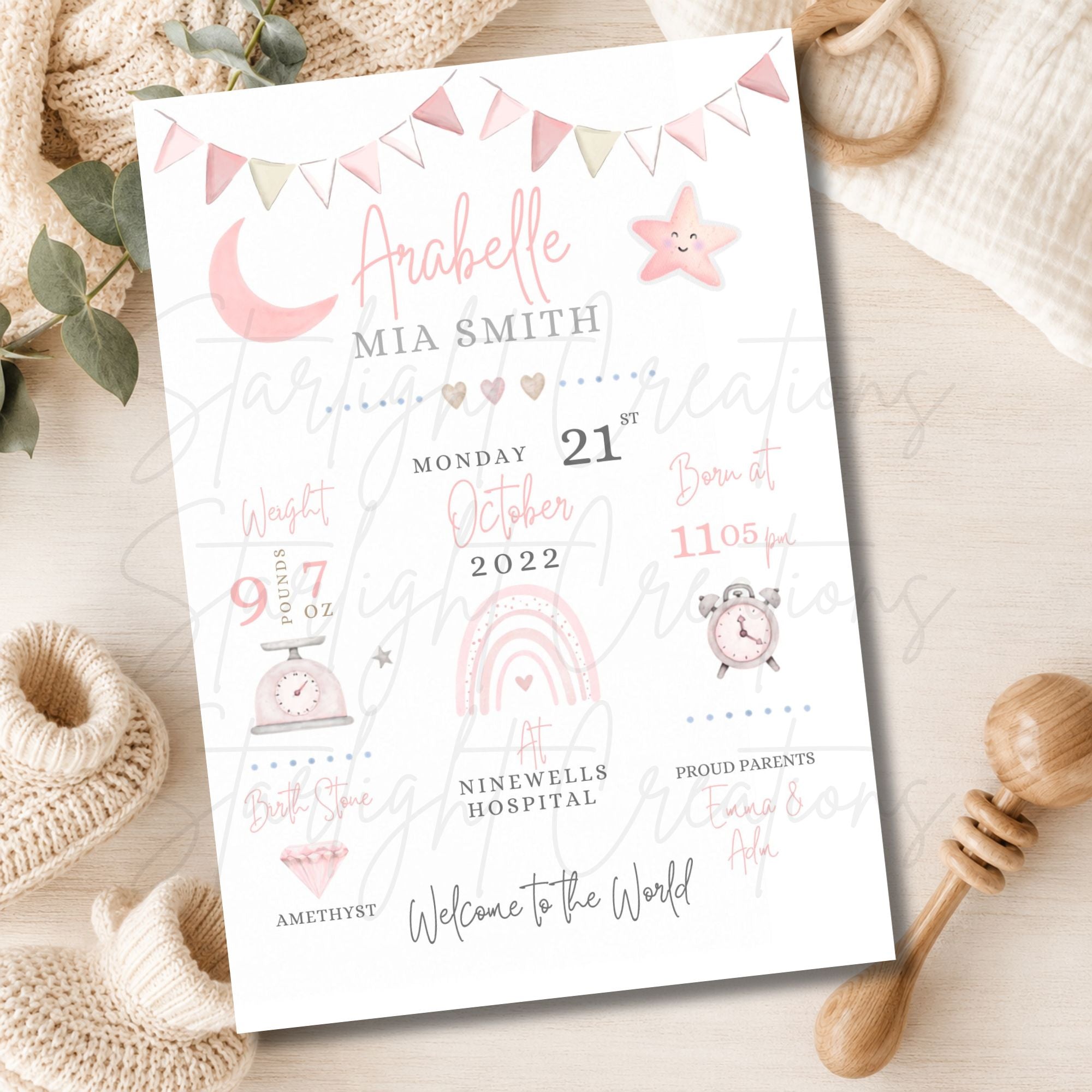 Personalised baby announcement print in pink, new baby gift with name and birth details