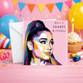 Ariana Grande personalised birthday card with colourful pop art portrait and "Have a Grande Birthday" message