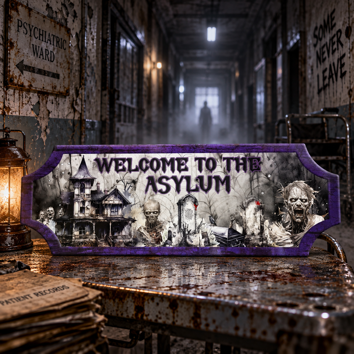 A rectangular decorative sign with a purple border and the text 'WELCOME TO THE ASYLUM' in dark gothic lettering, displayed on a rusty table in a dark, eerie asylum hallway with zombie artwork and a lantern nearby.