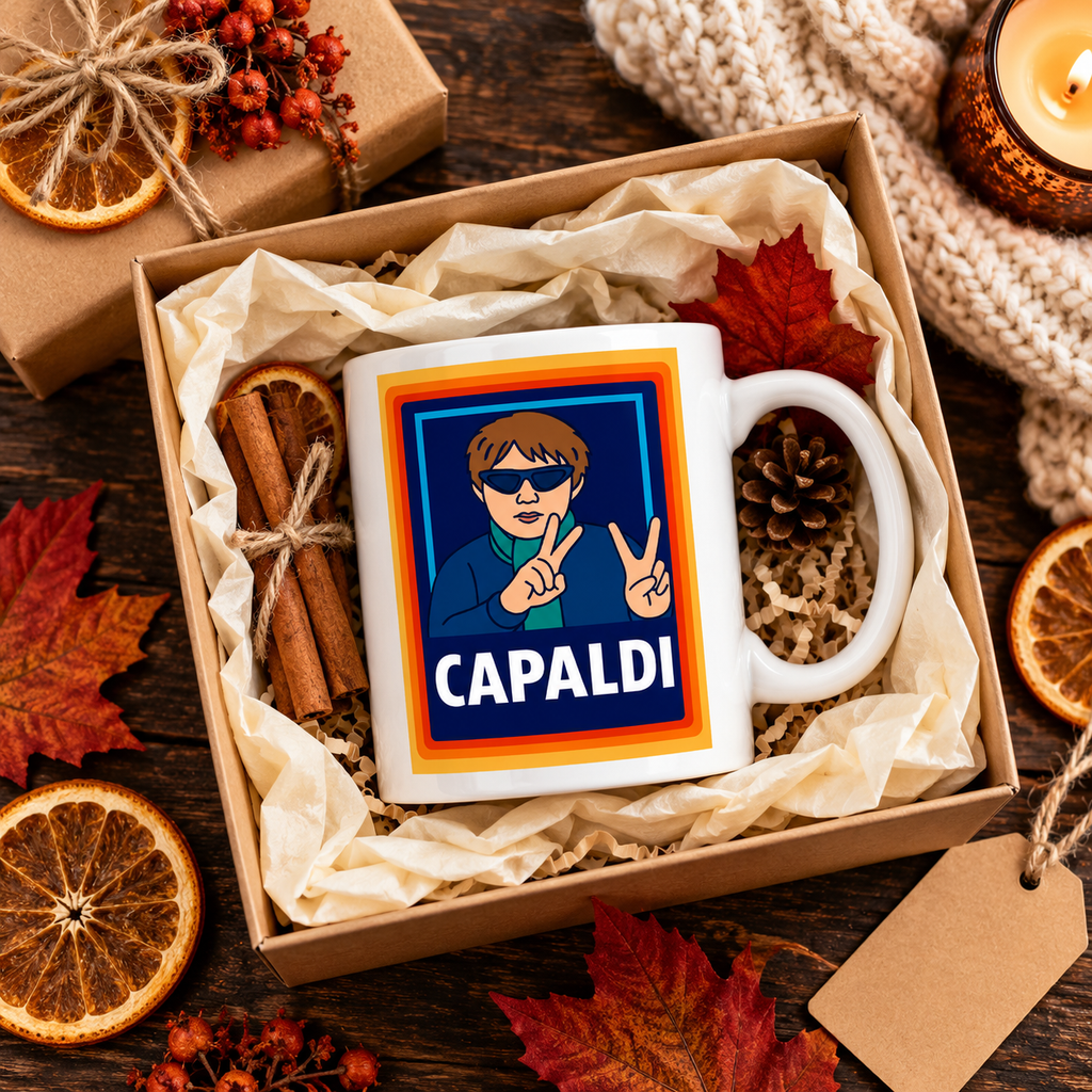 A white ceramic mug with a colorful graphic of a man wearing sunglasses and making peace signs, with the name 'CAPALDI' printed below, presented in a kraft gift box with autumn-themed props.