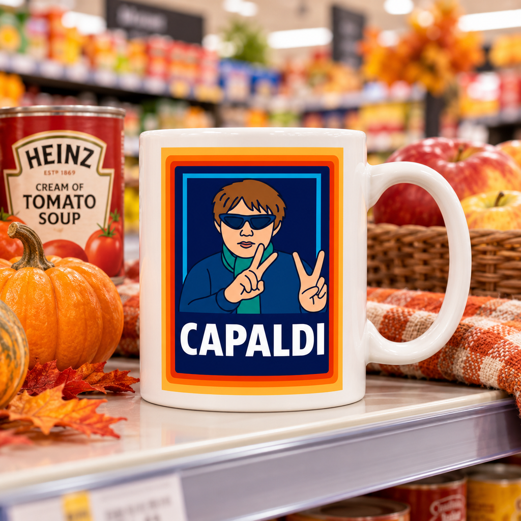White 11oz ceramic mug with CAPALDI text and a cartoon drawing of a guy on the front
