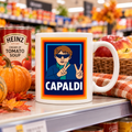 White 11oz ceramic mug with CAPALDI text and a cartoon drawing of a guy on the front