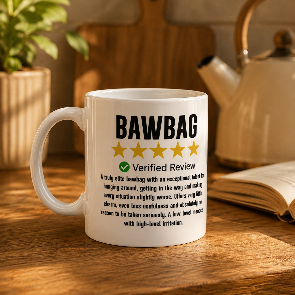 Bawbag Scottish slang mug – funny five-star review print