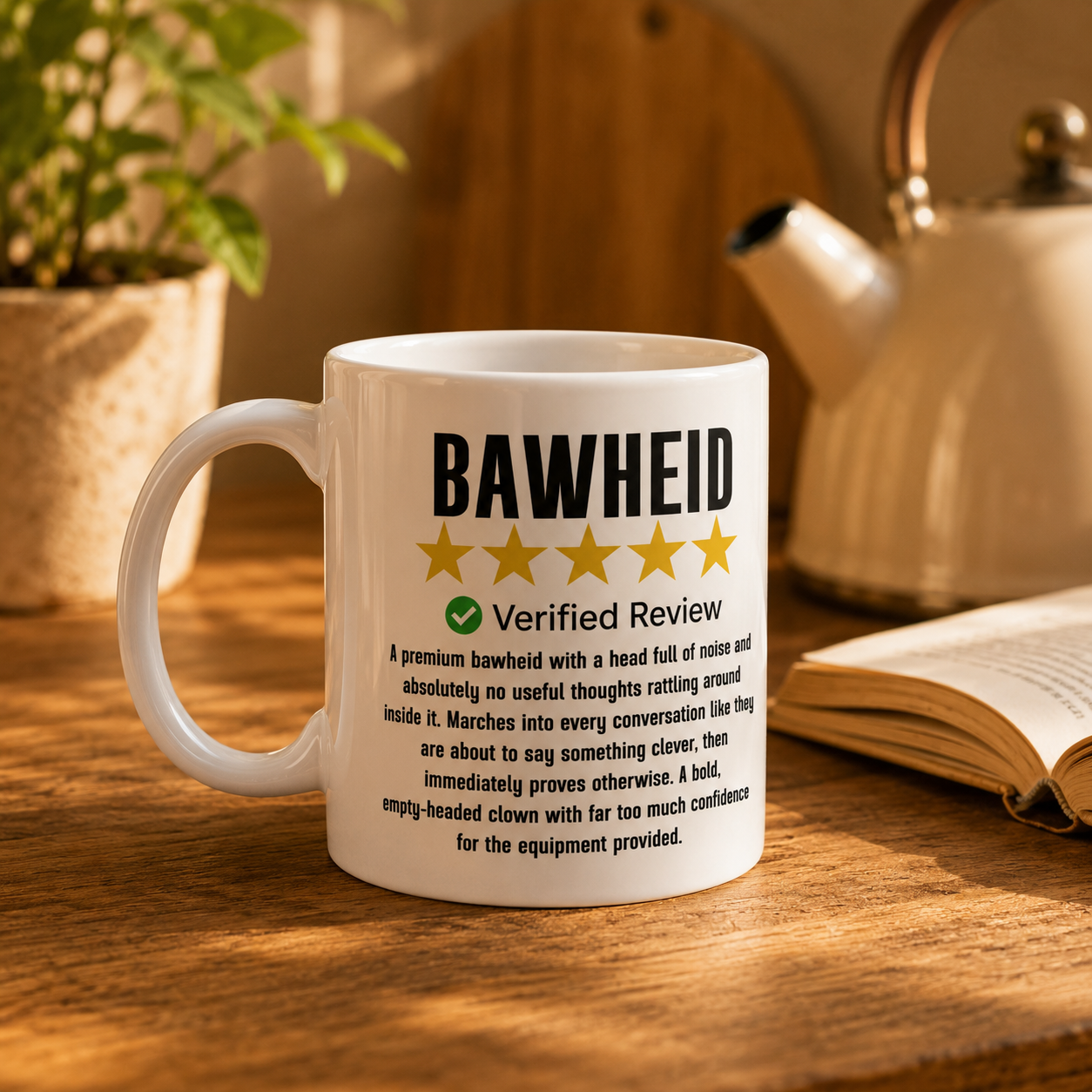 Bawheid Scottish slang mug – funny five-star review print