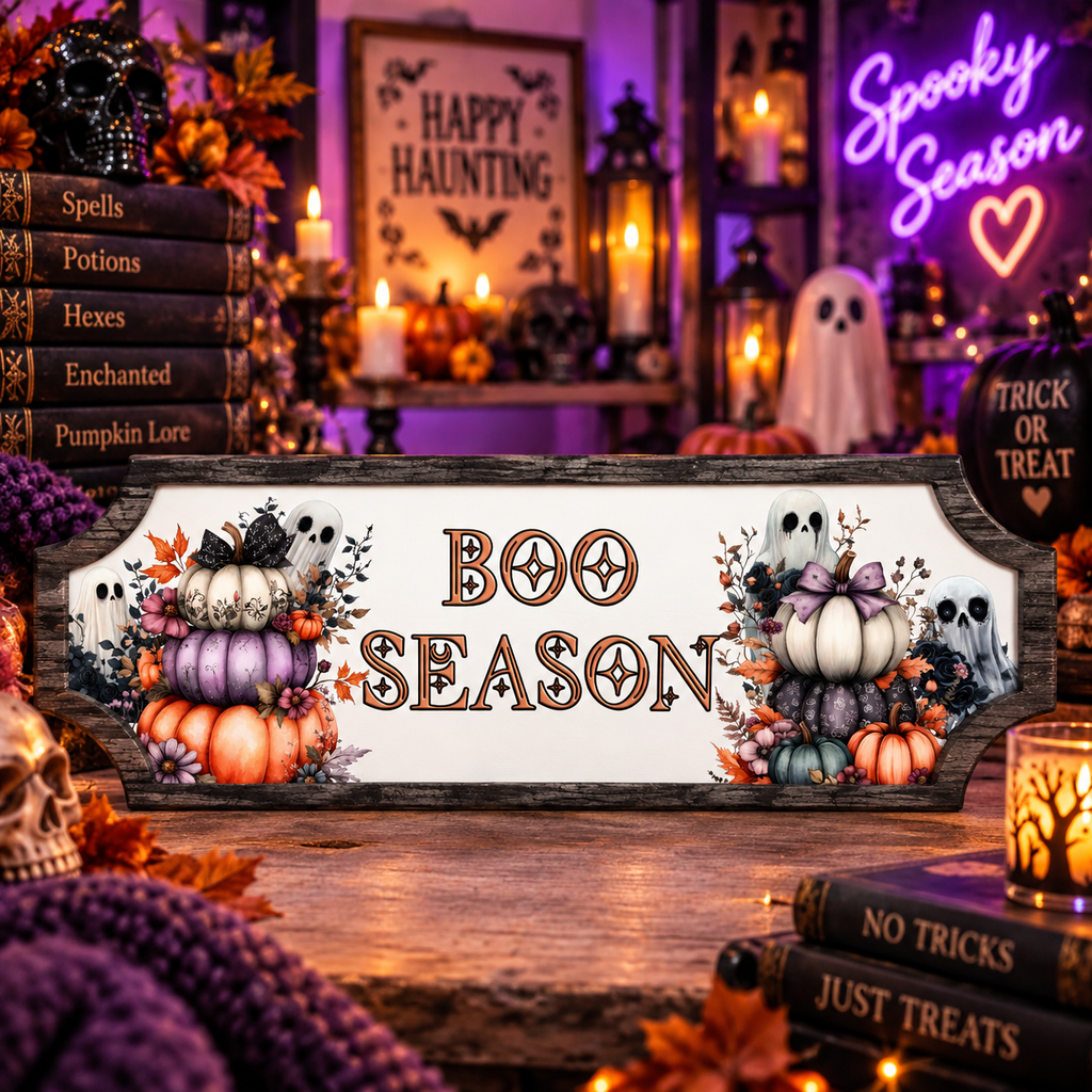 Boo Season Halloween street sign with printed border, stacked pumpkins and ghosts, 28cm x 10cm