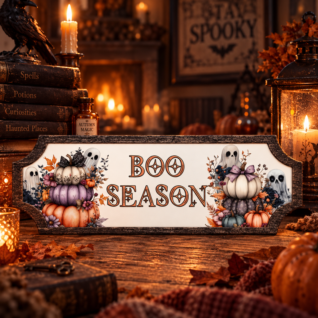 A decorative wooden sign reading “BOO SEASON” with illustrated pumpkins, ghosts, and autumn leaves, displayed on a rustic table surrounded by candles, books, lanterns, and fall decor.