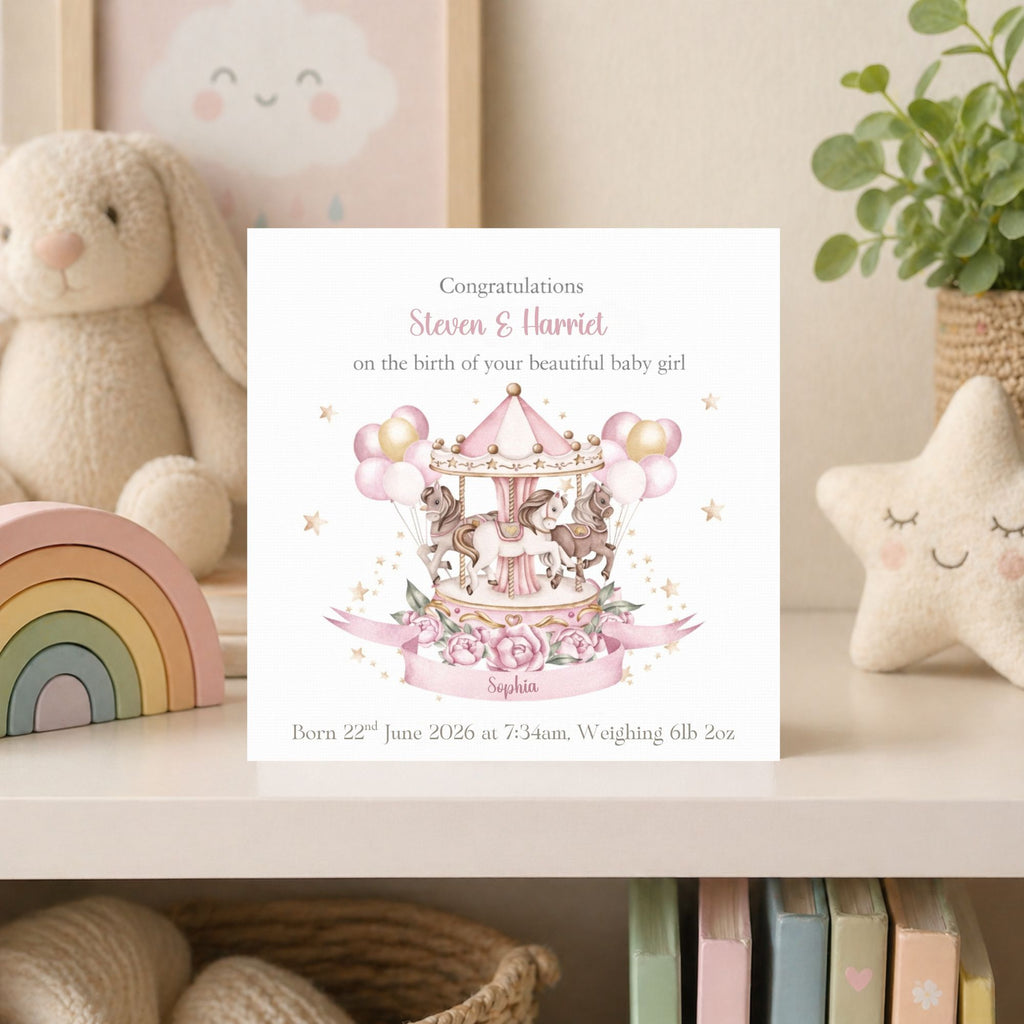 Personalised New Baby Card – Carousel Design – Baby Boy or Girl