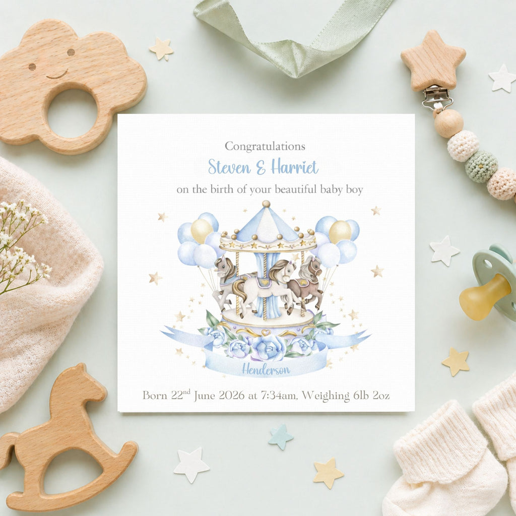 Personalised New Baby Card – Carousel Design – Baby Boy or Girl