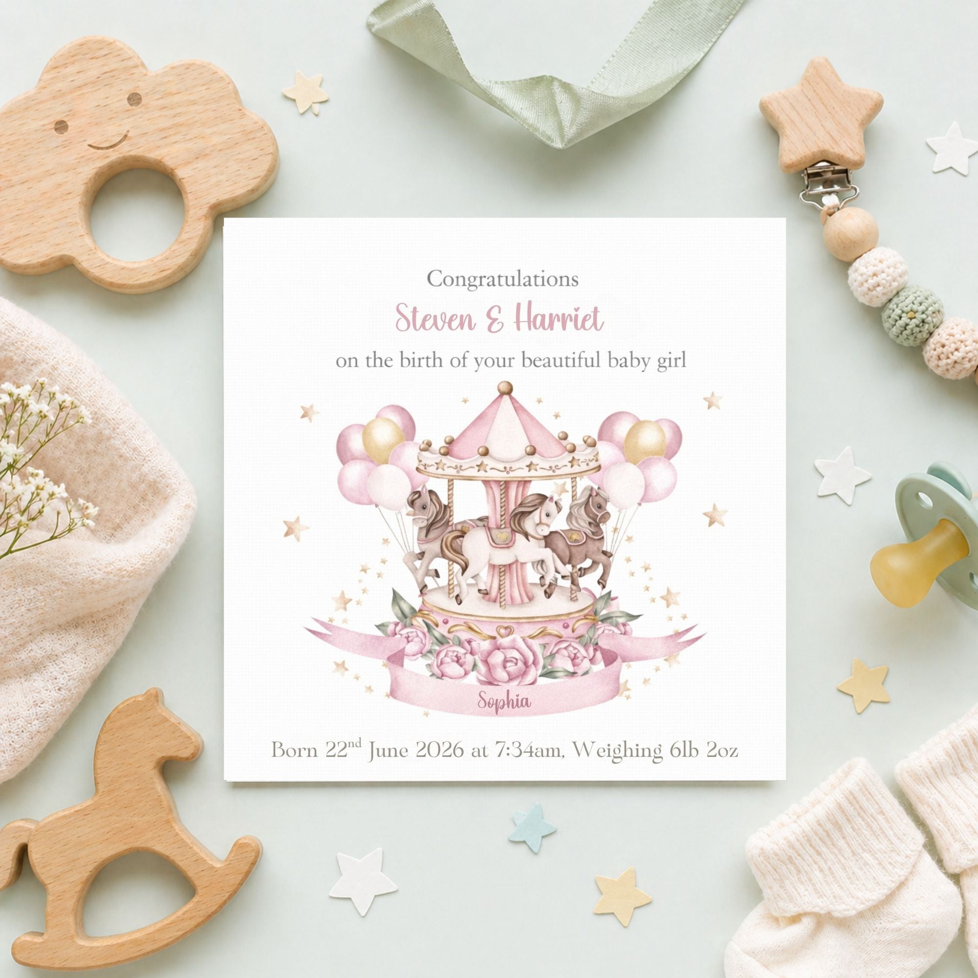 Personalised New Baby Card – Carousel Design – Baby Boy or Girl
