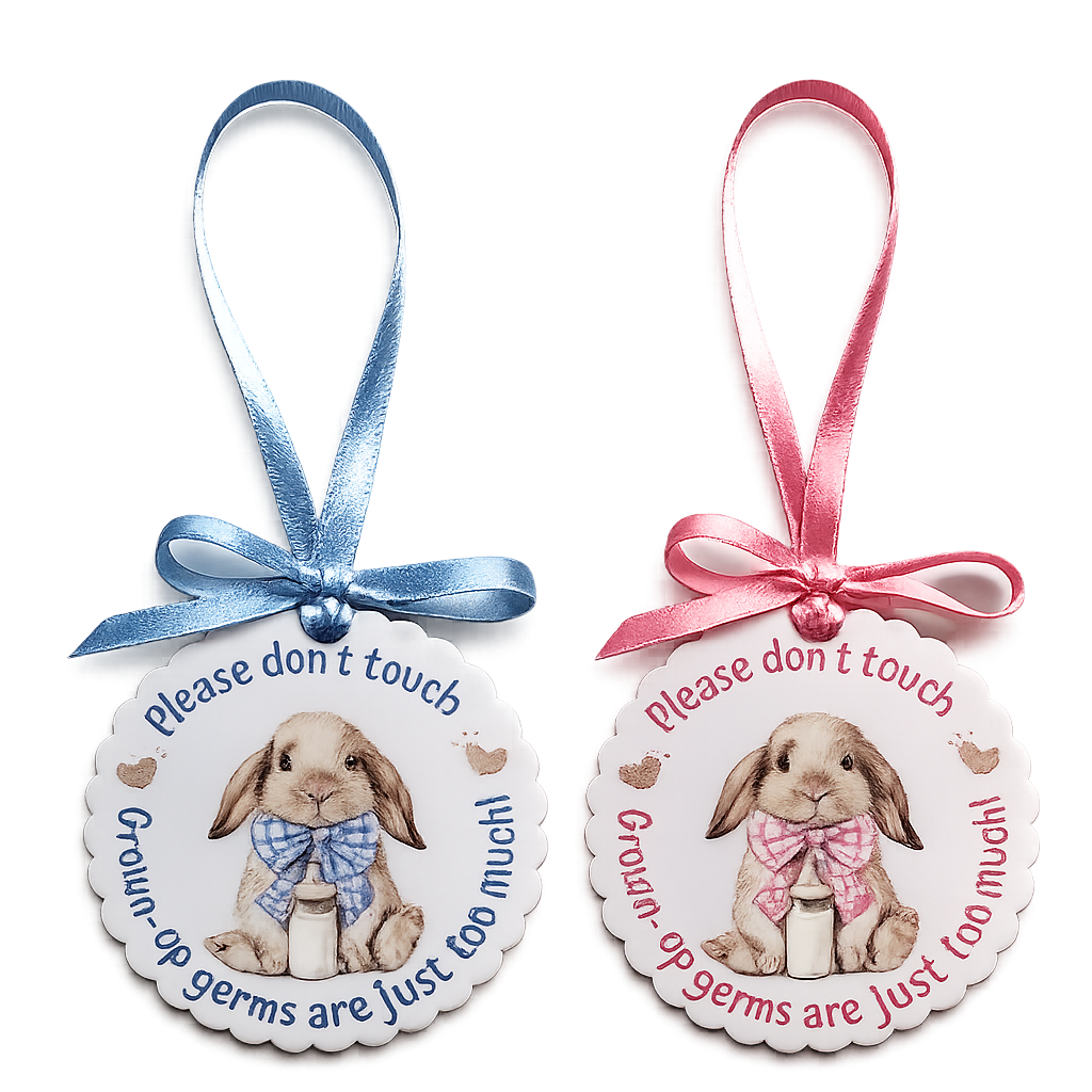 Two round bunny-themed hanging ornaments on a white background, one with a blue ribbon and one with a pink ribbon. Each ornament features a watercolor rabbit wearing a bow, with text reading 'please don't touch' and 'Grown-up germs are just too much!'.