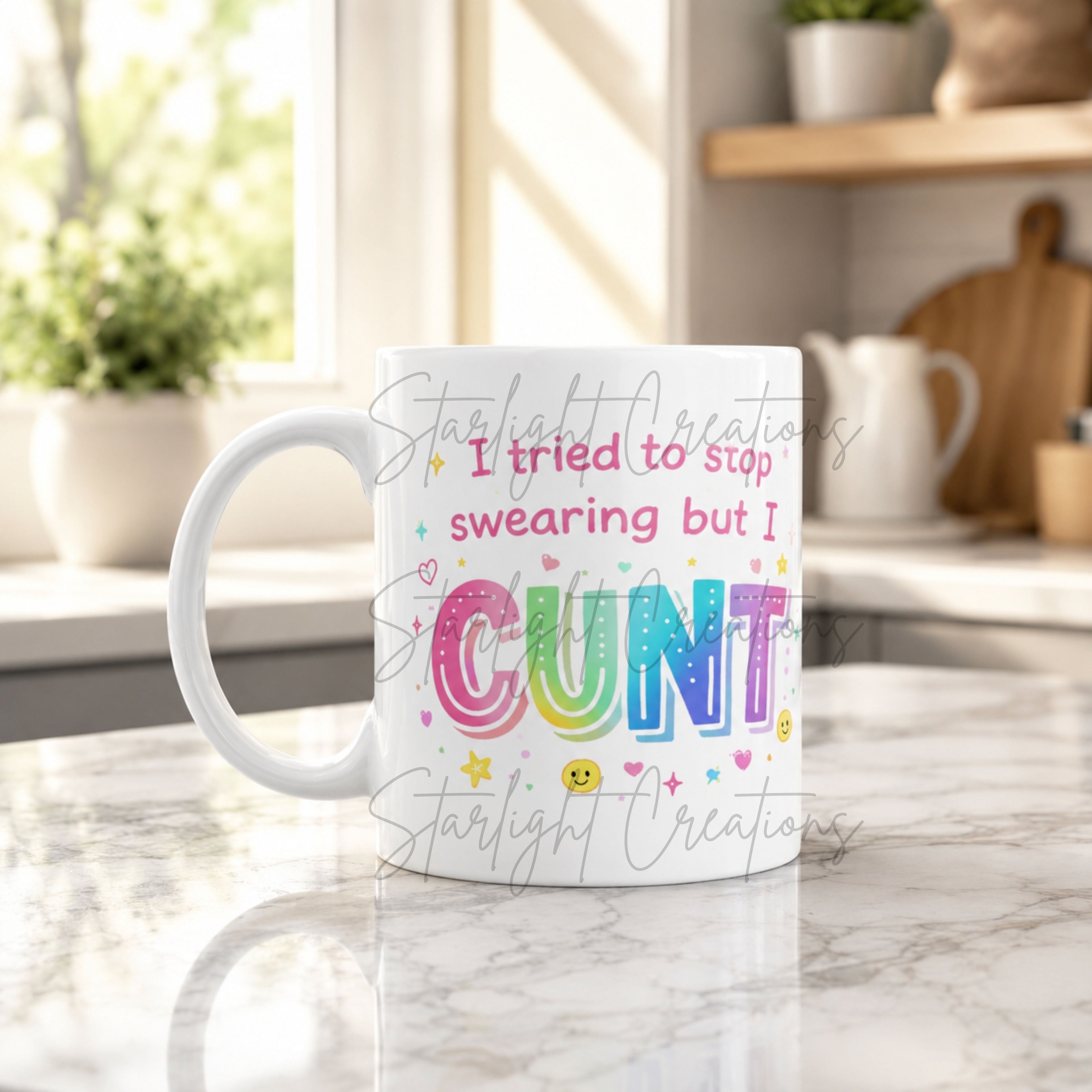 Sweary mug with rainbow bubble letter text reading resting c**t face, 11oz ceramic, printed one side