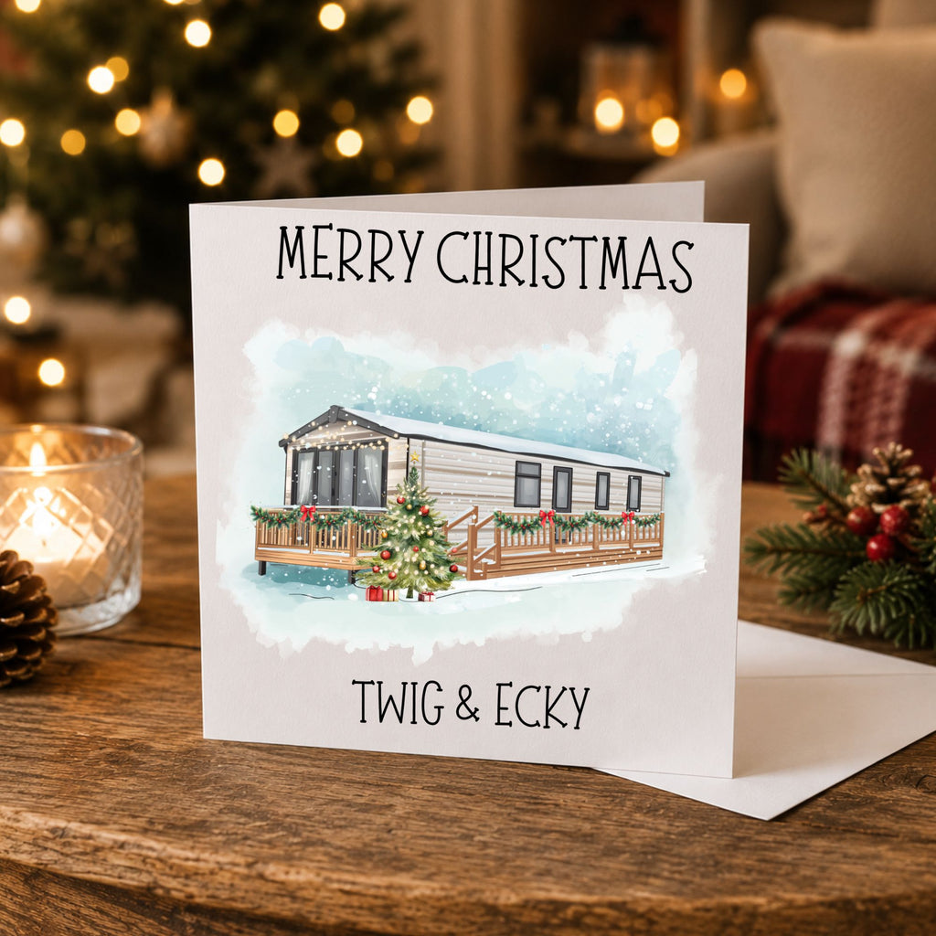 personalised static caravan christmas card with names on front, snowy caravan illustration