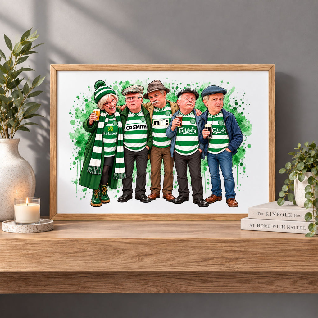 Celtic FC print of the Still Game cast in green and white hoops holding pints