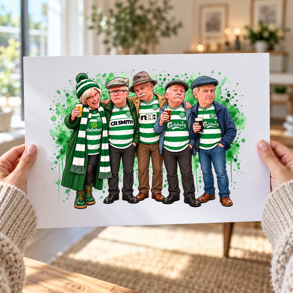 A person holds up a printed watercolor-style art print showing five caricature figures wearing green and white striped Celtic FC jerseys, with green paint splatter accents on a white background. The photo is taken indoors with a blurred home interior behind it.