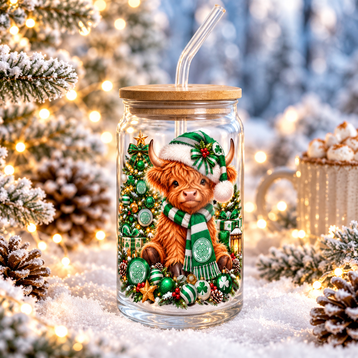 Celtic Gifts: Highland Cow Christmas Glass Can with Bamboo Lid & Straw