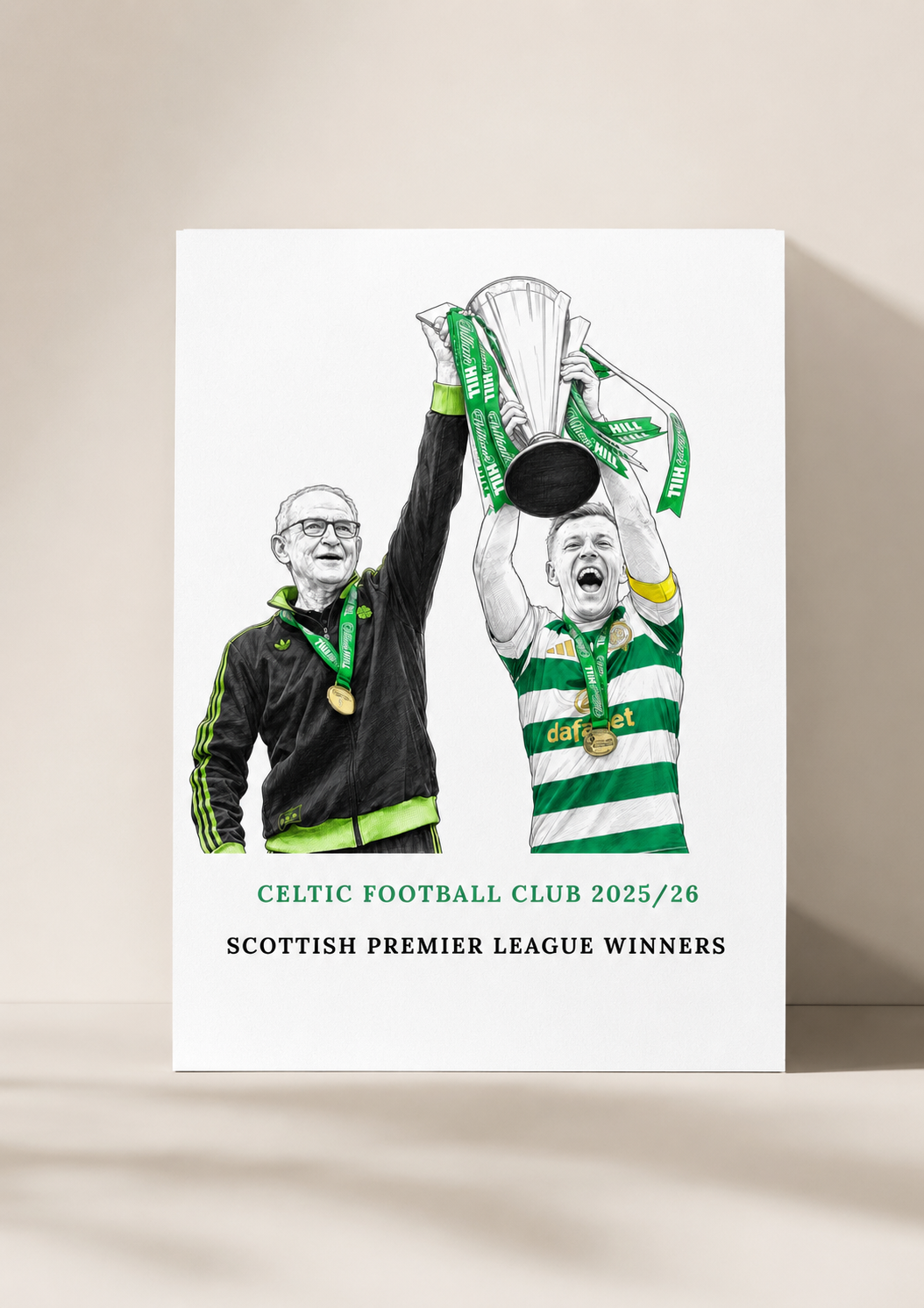 Poster celebrating Celtic Football Club's Scottish Premier League win with two illustrated figures holding a trophy.
