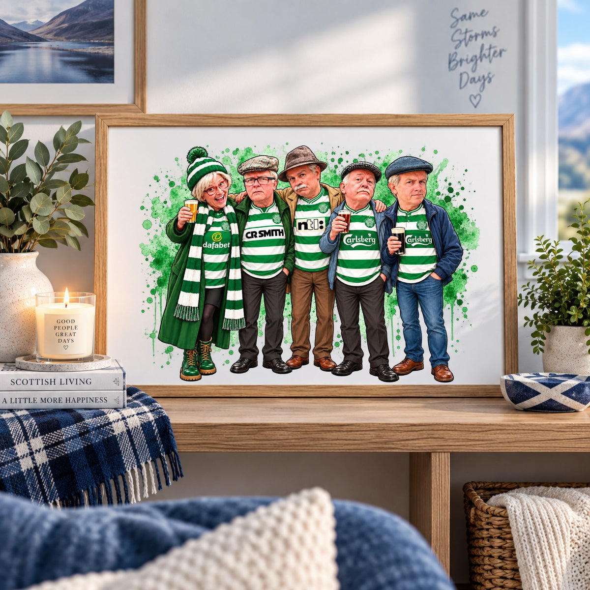 A framed custom caricature art print of five men wearing green and white striped shirts, displayed on a wooden shelf in a cozy, styled room setting with a candle, books, and plants.