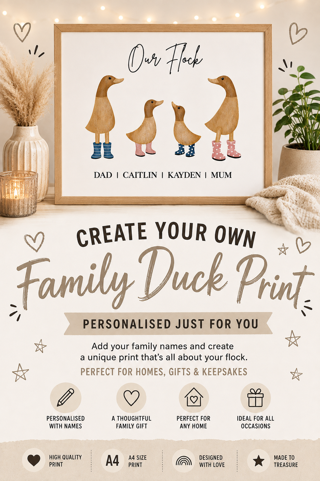 Personalised Family Duck Print – Custom Family Name A4 Wall Art Gift