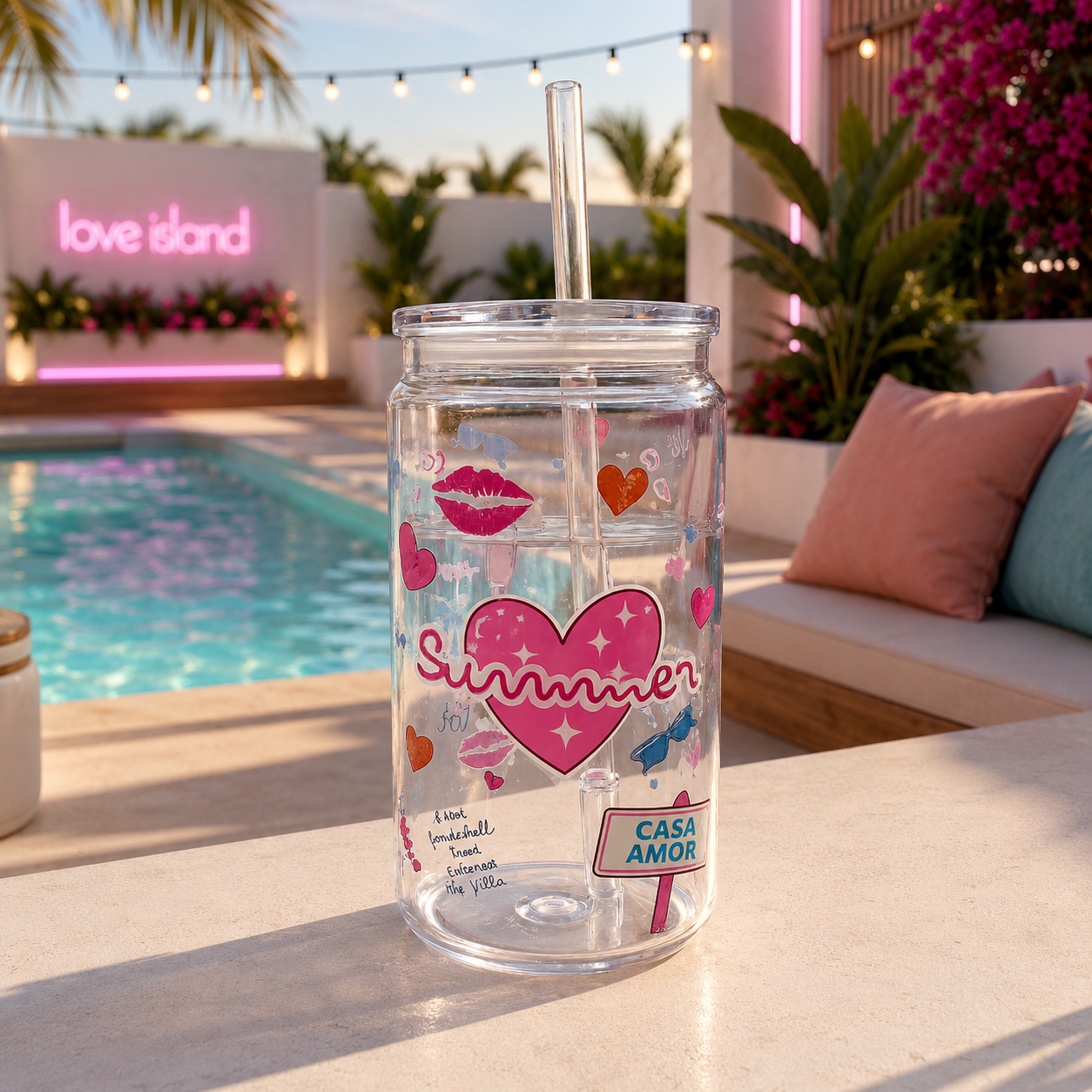 Personalised Love Island Inspired Libbey Cup | Custom Name Tumbler with Straw | Summer Reusable Iced Coffee Cup | Casa Amor Gift