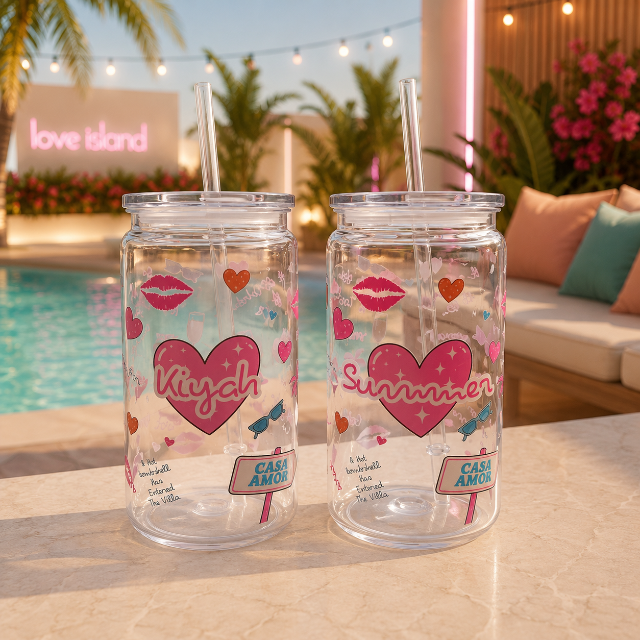Personalised Love Island Inspired Libbey Cup | Custom Name Tumbler with Straw | Summer Reusable Iced Coffee Cup | Casa Amor Gift